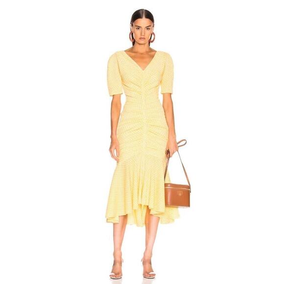 STAUD Dresses & Skirts - Staud Panier Yellow Gingham Mermaid Midi Dress Womens Size 6 Stretch